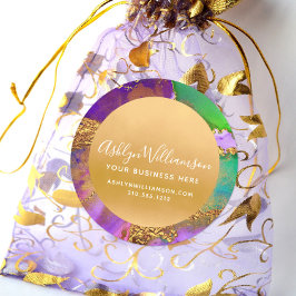 Moderne Marmorwasserfarbe lila goldgrüne Schrift Runder Aufkleber