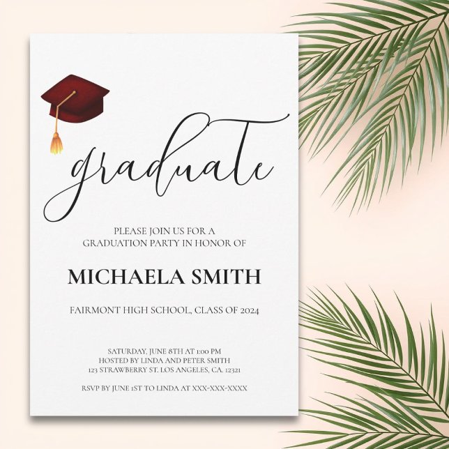 Moderne Maroon Cap High School Graduation Party Einladung (Von Creator hochgeladen)