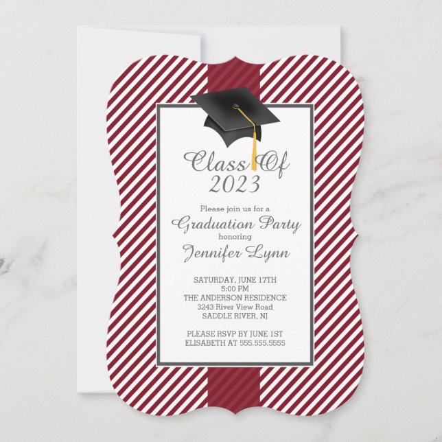Moderne Maroon Stripe Graduation Party Einladung (Vorderseite)