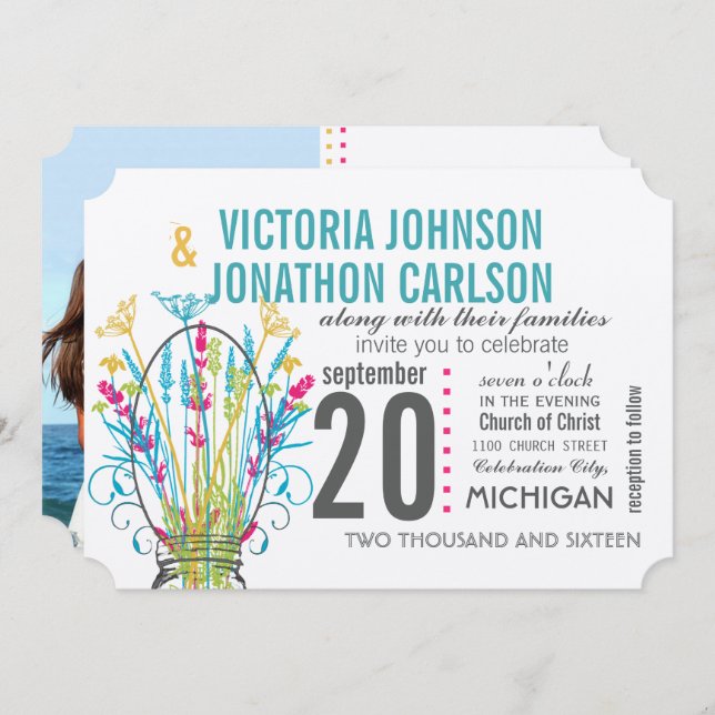 Moderne Mason Jar Coral Gelbe Limone Blumenhochzei Einladung (Vorne/Hinten)