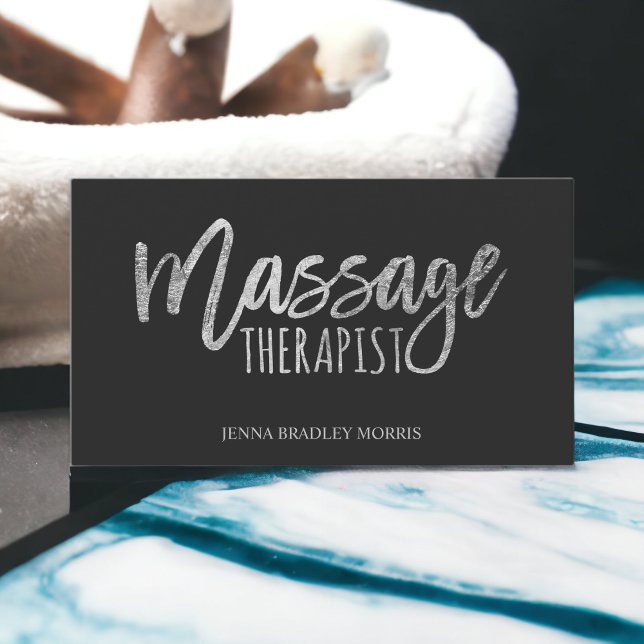 Moderne Massagetherapeutin Drehbuch Silber Visitenkarte (Modern massage therapist script silver foil business card)
