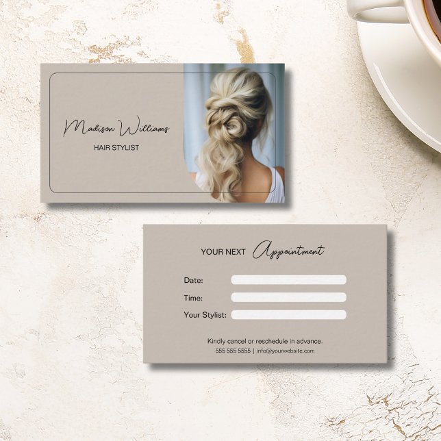Moderne, maßgeschneiderte Foto-Hair Stylist Beige Terminkarte (Modern Custom Photo Hair Stylist Beige Appointment Card)
