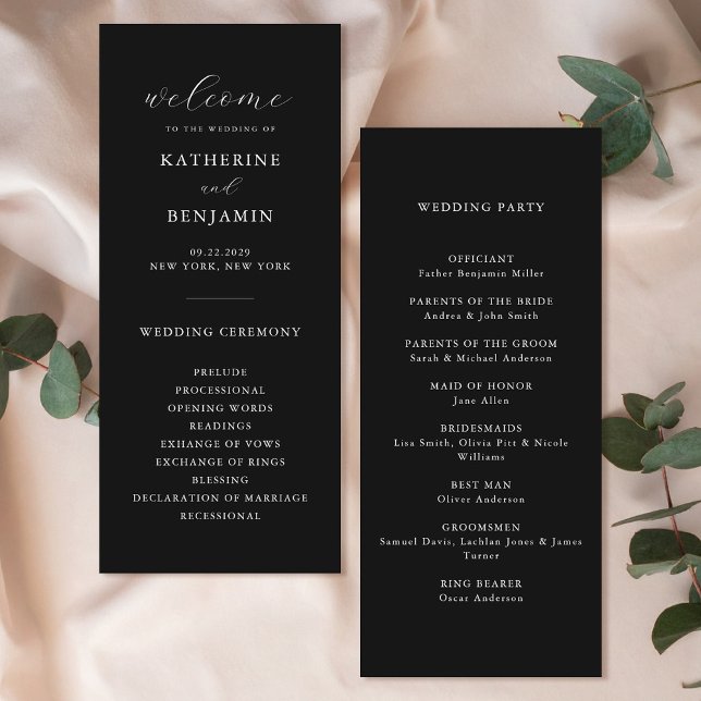 Moderne Matte Black Minimalistisch Wedding Programm (Von Creator hochgeladen)