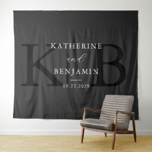 Moderne Matte Black Monogram Wedding Background Wandteppich
