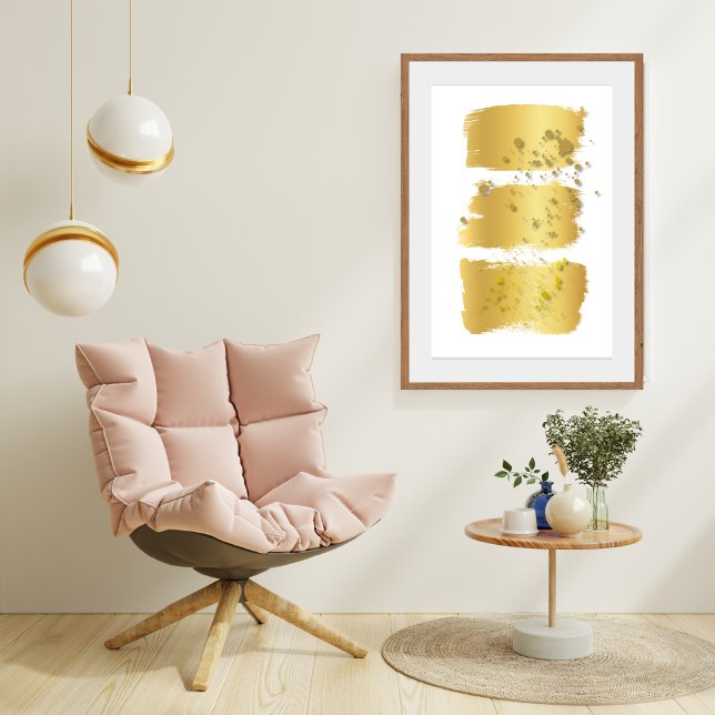 Moderne Mauer Abstrakt Art Golden Pinselstriche Poster (Modern Minimalist Gold And White Paint Brush Stroke Abstract Wall Art Poster Print)