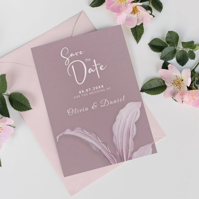 Moderne Mauve Minimal Leaf Hochzeit retten das Dat Einladung (Von Creator hochgeladen)