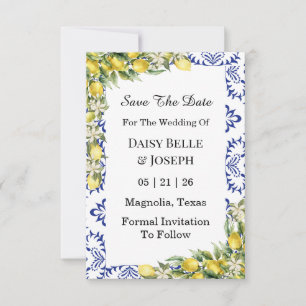 Moderne mediterrane blaue Mosaik-Hochzeit mit Zitr Save The Date