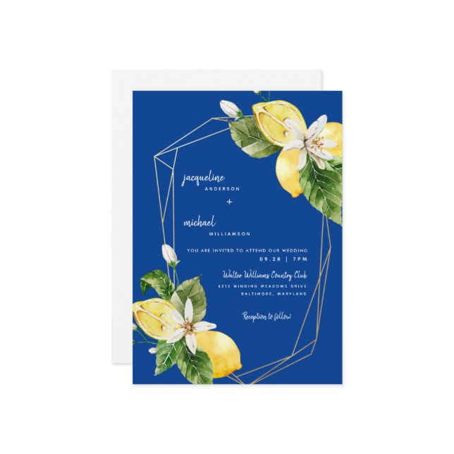 Moderne mediterrane bläuliche Lemons Einladung (Vorderseite/Rückseite Beispiel)