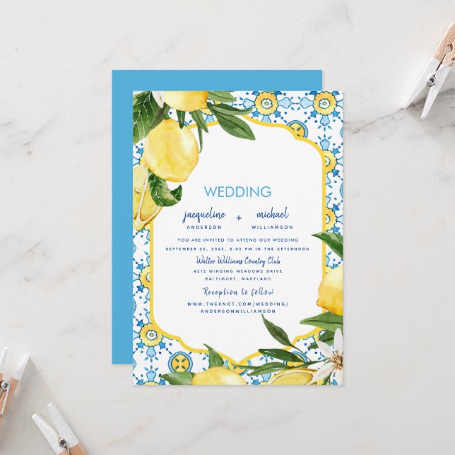 Moderne mediterrane Blue & Lemons Wedding Einladung (Vorderseite/Rückseite Beispiel)