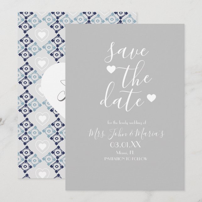 Moderne mediterrane Fliesen mit Herz Save the Date Einladung (Vorne/Hinten)