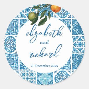 Moderne mediterrane Lemon Blue Tiles Wedding Runder Aufkleber