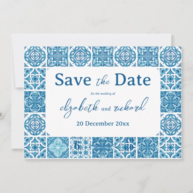 Moderne mediterrane Lemon Blue Tiles Wedding Save The Date (Vorderseite)