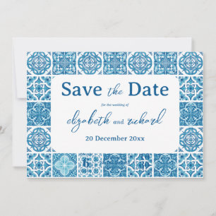 Moderne mediterrane Lemon Blue Tiles Wedding Save The Date