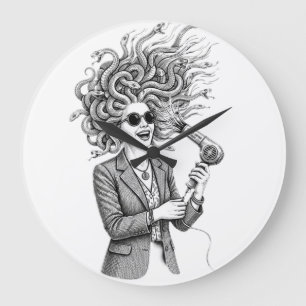 Moderne Medusa mit Haartrockner Lustige Mythologie Große Wanduhr
