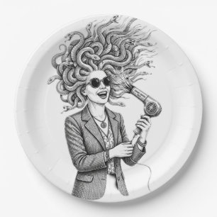 Moderne Medusa mit Haartrockner Lustige Mythologie Pappteller