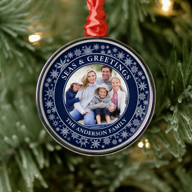 Moderne Meere und Grüße Foto Snowflakes Blau Ornament Aus Metall (Baum)