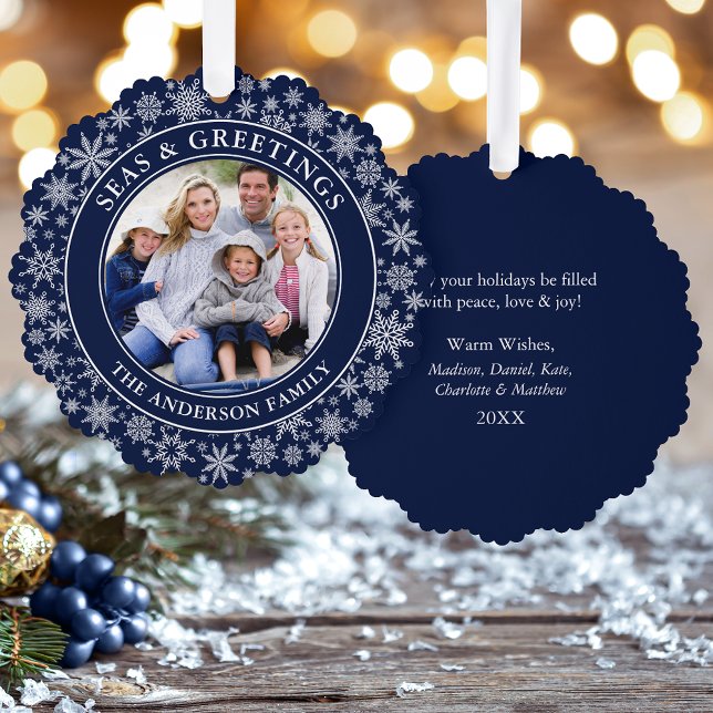 Moderne Meere und Grüße Foto Snowflakes Blau Ornament Karte (A greeting card that is also an ornament! Customize with your photo and personalized text.)