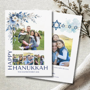 Moderne Mehrfach-Foto-Familie Blaue Florale Hanukk Feiertagskarte