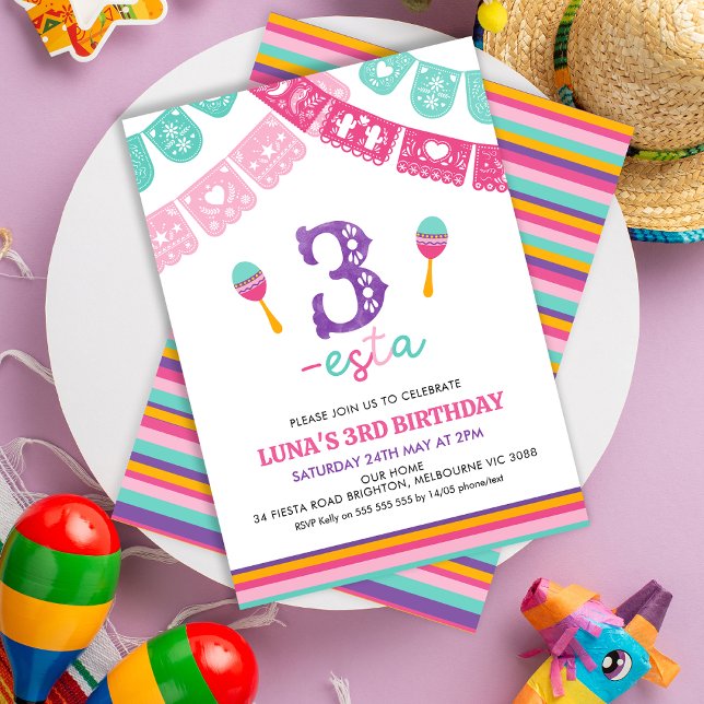 Moderne mehrfarbige Girls Drei Sterne Einladung (Girls Three-esta 3rd Birthday Invitation Template, Editable Fiesta 3rd Birthday Invitation, Esta )