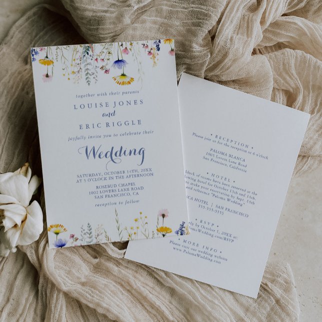 Moderne mehrfarbige Wildblume Front & Back Wedding Einladung (Von Creator hochgeladen)