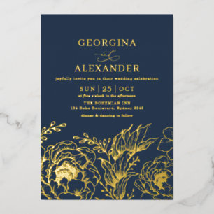 Moderne melancholische Navy-Blau-Gold-Botanicals-H Folieneinladung
