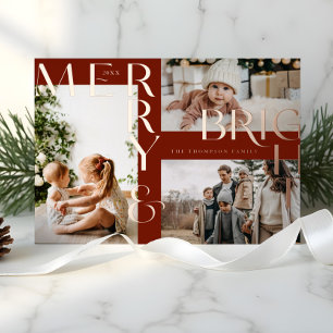 Moderne Merry & Bright Bold Typografie 3 Foto Red Folien Feiertagskarte
