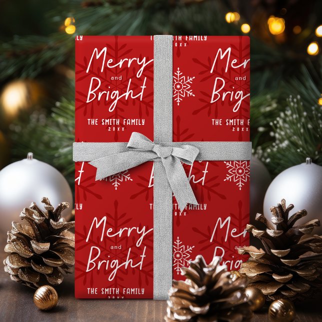 Moderne Merry & Bright Script-Schneeflocken Weihna Geschenkpapier (Modern Merry & Bright Script Snowflakes Christmas Wrapping Paper)