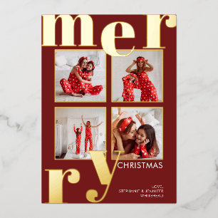Moderne Merry Typografy Foto Collage Burgundy Folien Feiertagskarte