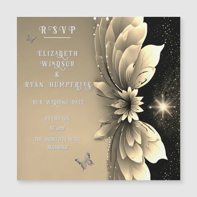 Moderne Metallic Gold Floral Wedding Einladung (Vorderseite)