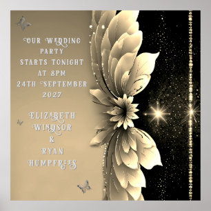 Moderne Metallic Gold Floral Wedding Einladung Poster