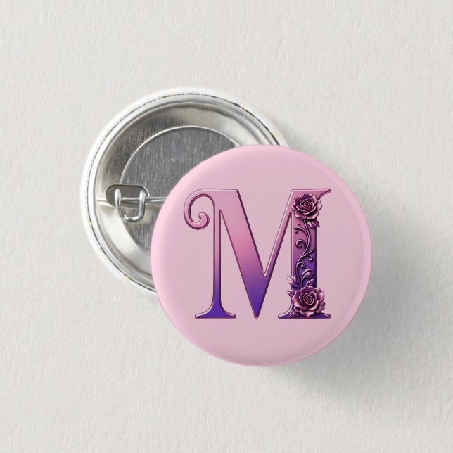 Moderne Metallische Rosemaling Buchstabe M, Rosa/L Button (Vorne & Hinten)