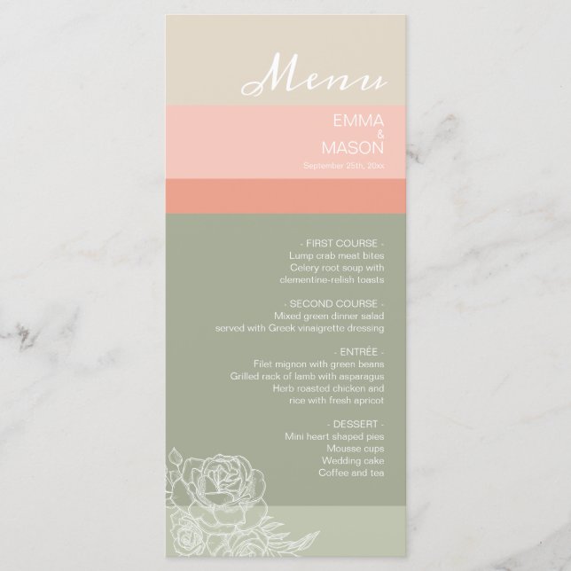 Moderne Metro Pfirsichkoralle Menükarte (Vorderseite)