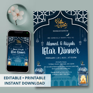 Moderne Midnight Blue & Gold Laterne Iftar Einladung
