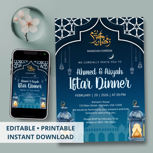 Moderne Midnight Blue & Gold Laterne Iftar Einladung (Von Creator hochgeladen)