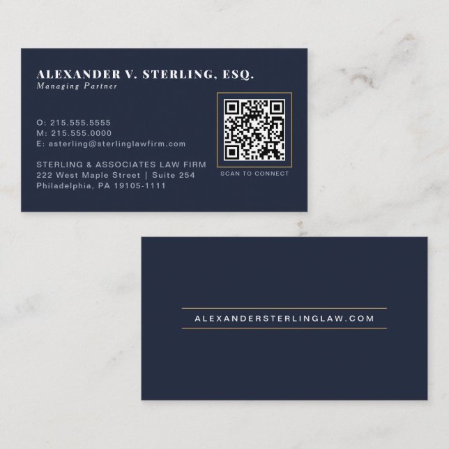 Moderne Midnight Navy Gold QR Code Professional Visitenkarte (Vorne/Hinten)