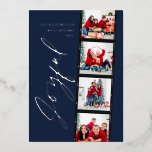Moderne Mindest-Script-Multi-Foto Weihnachten blau Folien Feiertagskarte<br><div class="desc">Modernes minimales Drehbuch Multi-Foto Weihnachtsnachtsnacht blauen Retro-Design. Elegantes,  echtes Gold,  Silber und Rose Goldfolie-Design.</div>