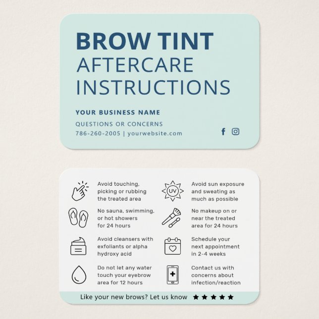 Moderne Mini Blue Eyebrow Tint Aftercare Card (Vorne & Hinten)