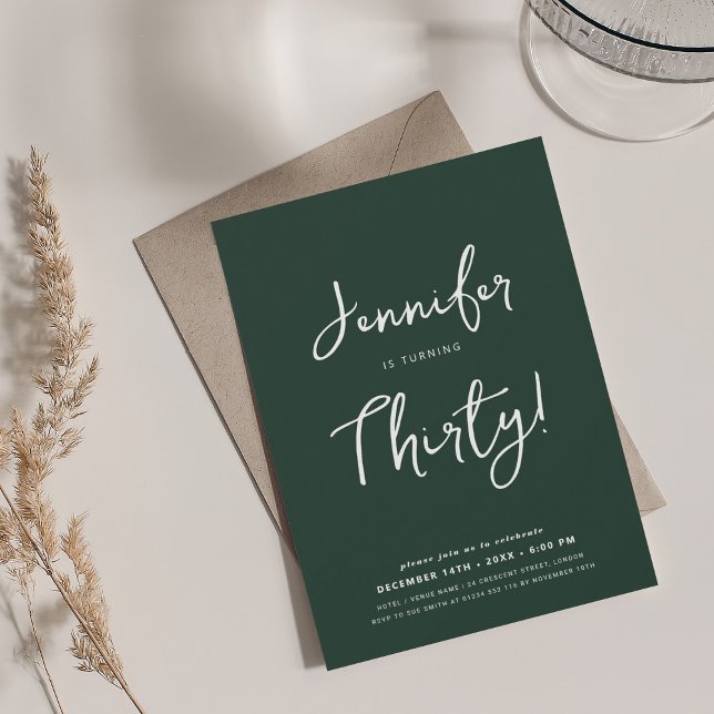 Moderne Minimal 30. Geburtstagsschrift Emerald Einladung (Modern Minimal 30th Birthday Script Emerald Invitation)