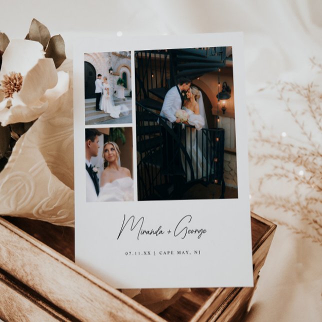 Moderne Minimal 3-Foto-Script-Schrift Hochzeit Dankeskarte (Von Creator hochgeladen)