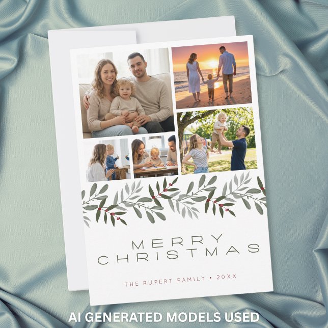 Moderne Minimal 5-Foto-Collage Frohe Weihnachten (Modern Minimal 5 Photo Collage Merry Christmas Holiday Card)