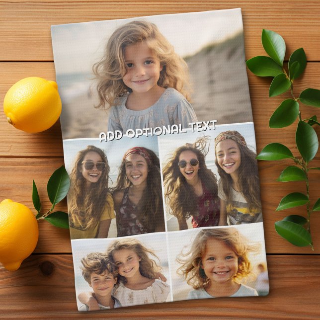 Moderne Minimal 5-Foto-Collage mit Text Geschirrtuch (Custom Kitchen Towel with Photo Collage)