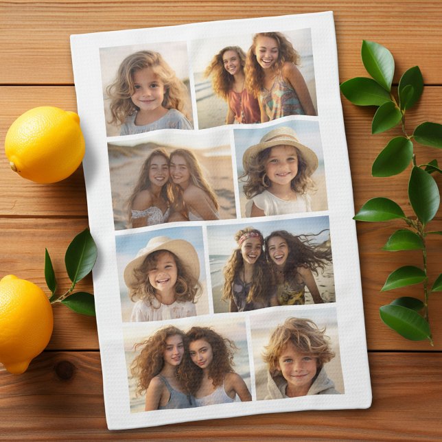 Moderne Minimal 8 Foto Grid Collage - White Geschirrtuch (Custom Kitchen Towel with Photo Collage)