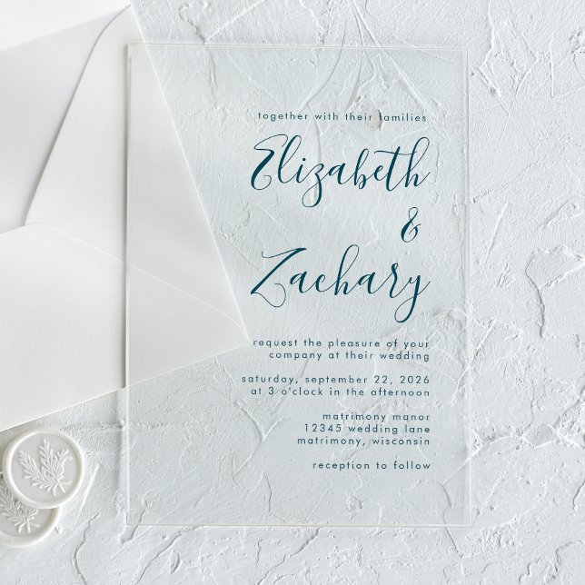 Moderne Minimal Aquamarin Blue Script Hochzeit Acryleinladungen (Von Creator hochgeladen)