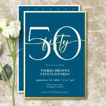 Moderne Minimal Aquamarine 50 Script Geburtstag Folieneinladung<br><div class="desc">Dieses moderne und schicke Geburtstagsfest verbindet klassisches aquamarines Blau und Weiß mit Akzenten echter Goldfolie. Es ist minimales Design ist ein einfaches und lustiges Design,  um den Meilenstein Geburtstag zu feiern. Diese Version der Karte hat einen skurrilen kleinen Polka-Punkt zurück. Erstellt von der einfachen Farmhouse Press.</div>