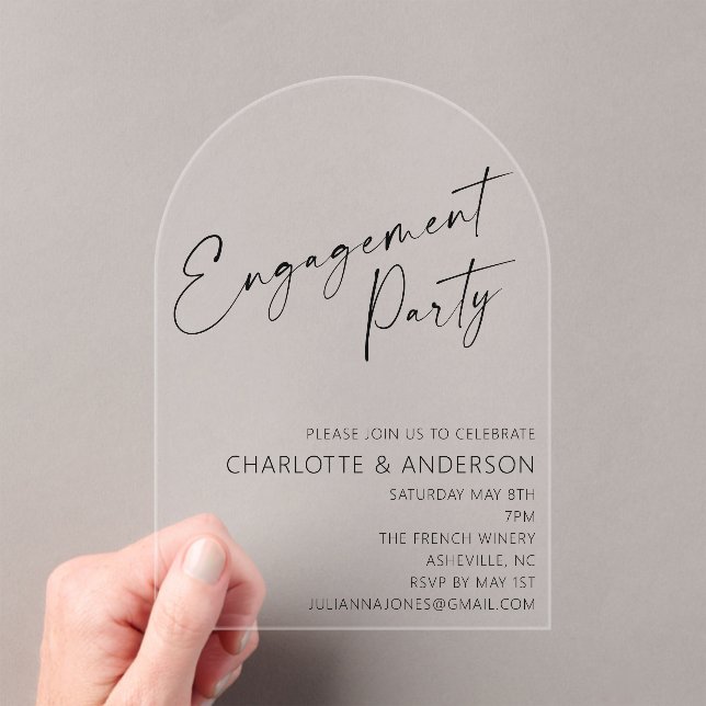 Moderne Minimal Arch Black Script Engagement Party Acryleinladungen (Insitu (Handheld))
