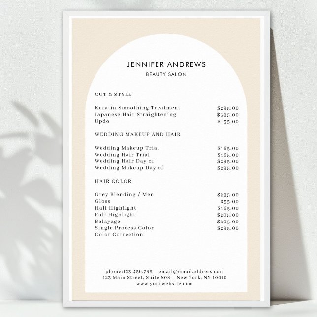 Moderne Minimal Arch Salon Preisliste Poster (Modern Minimal Arch Beige White Salon Price List. Prints & Instant Download Available.)