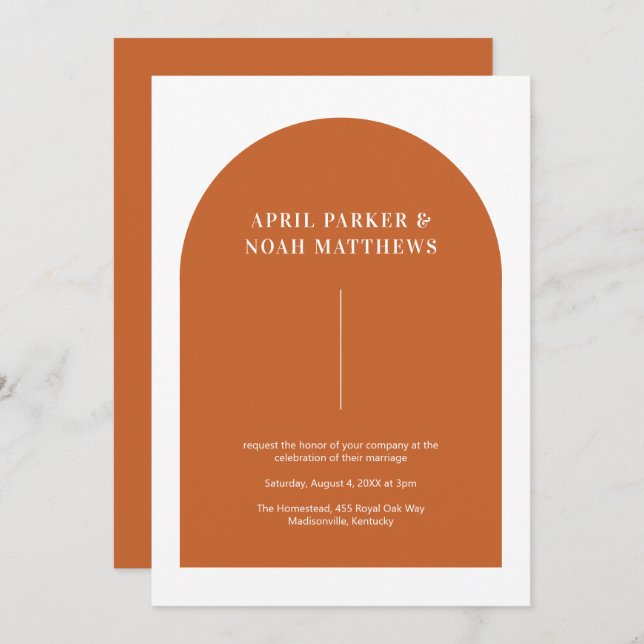 Moderne Minimal Arch Shape Typografie Burnt Orange Einladung (Vorne/Hinten)