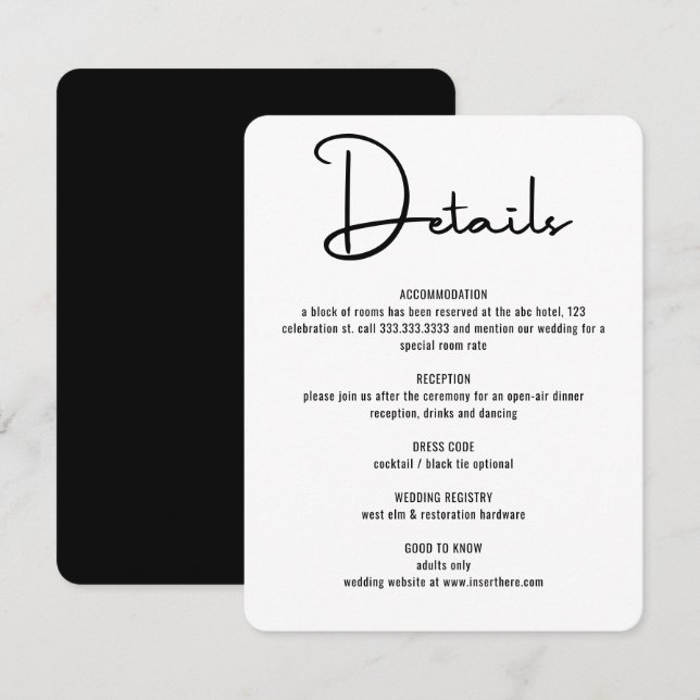 Moderne Minimal Black Calligraphy Script Wedding Begleitkarte (Vorne/Hinten)