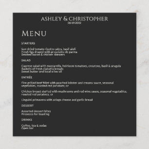 Moderne Minimal Black Noir Hochzeitsempfehlung Menükarte