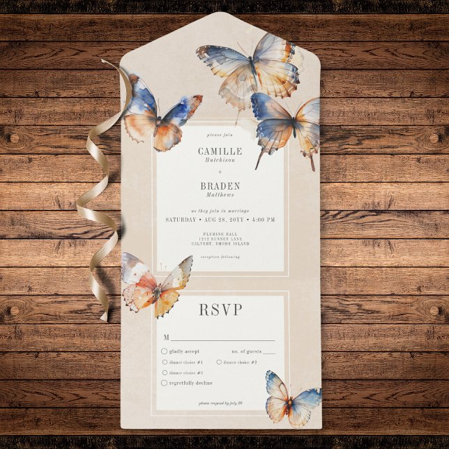 Moderne Minimal Blue & Rust Schmetterlinge Tan Din All In One Einladung (Modern Minimal Blue & Rust Butterflies Dinner All In One Invitation)